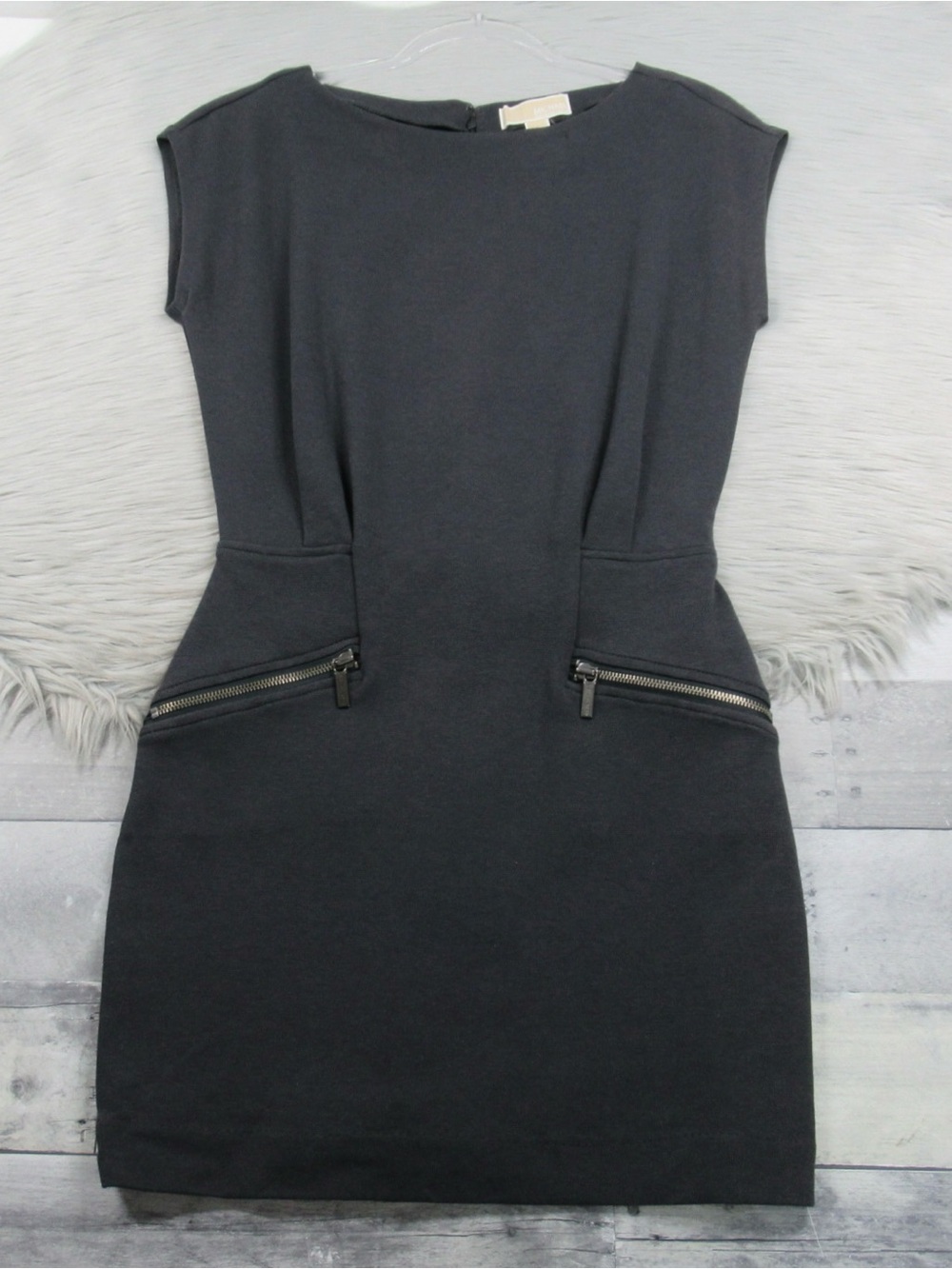 Michael Kors Charcoal Gray Cap-Sleeve Mini Sheath Dress Zip Pockets - Size 6